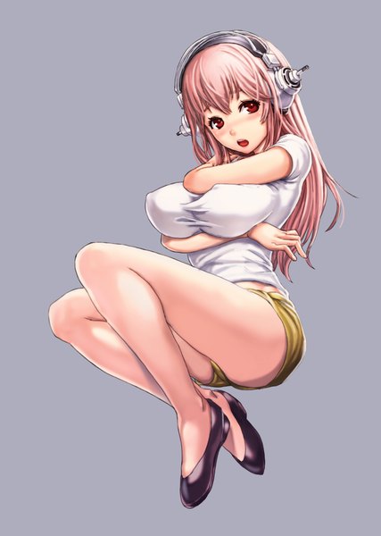Anime picture 1631x2289 with nitroplus super sonico nostra single long hair tall image looking at viewer breasts open mouth light erotic simple background red eyes large breasts pink hair short sleeves midriff erect nipples covered nipples breast grab girl