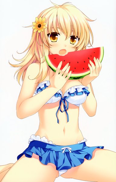 Anime picture 4355x6813 with alpha (yukai na nakamatachi) single long hair tall image blush highres open mouth light erotic blonde hair bare shoulders yellow eyes absurdres barefoot hair flower spread legs eating girl navel hair ornament swimsuit