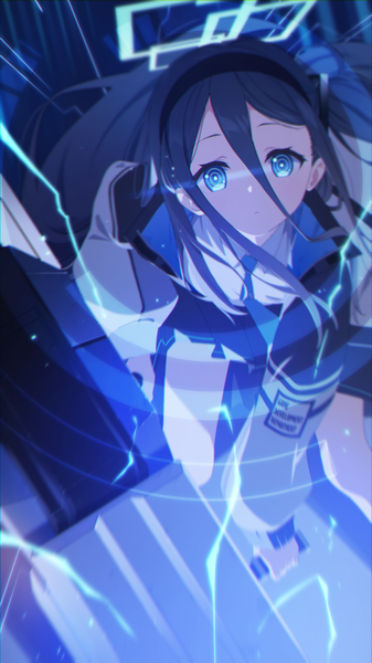Anime picture 1080x1920 with blue archive aris (blue archive) gulim single long hair tall image looking at viewer fringe blue eyes black hair hair between eyes open jacket girl necktie jacket headband halo