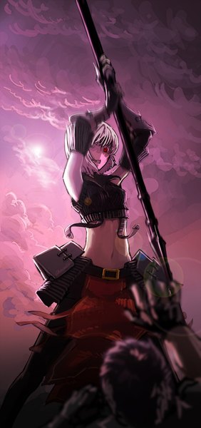 Anime picture 1000x2122 with original pixiv fantasia pixiv pixiv fantasia sword regalia chevasis (artist) tall image fringe short hair red eyes sky cloud (clouds) from below fighting stance girl boy gloves navel weapon detached sleeves elbow gloves