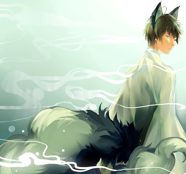 Anime picture 1280x1199 with original pokeguin (artist) single looking at viewer short hair simple background animal ears yellow eyes tail traditional clothes japanese clothes animal tail green hair fox ears fox tail smoke fox boy boy kimono