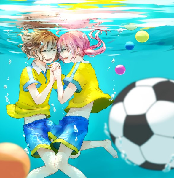 Anime picture 1200x1227 with inazuma eleven inazuma eleven go kirino ranmaru shindou takuto natsumi foooo long hair tall image short hair open mouth brown hair twintails pink hair eyes closed profile barefoot multiple boys low twintails holding hands underwater shounen ai