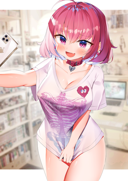 Anime picture 3500x4950 with idolmaster idolmaster cinderella girls yumemi riamu kuse (0201) single tall image blush fringe highres short hair breasts open mouth light erotic hair between eyes large breasts looking away pink hair absurdres cleavage ahoge