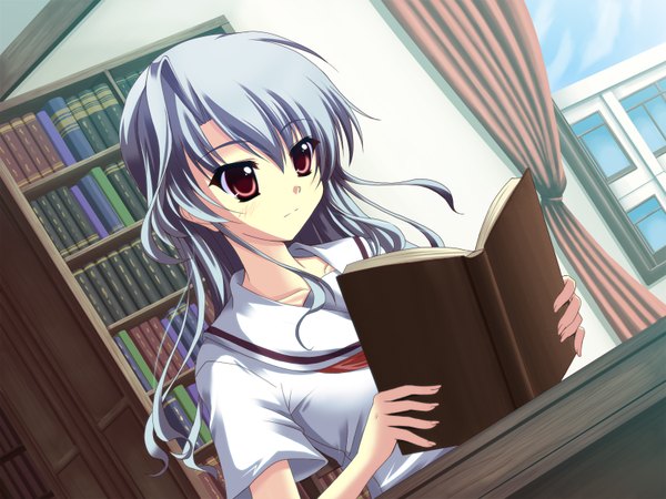 Anime picture 1600x1200 with original long hair brown eyes blue hair serafuku book (books)