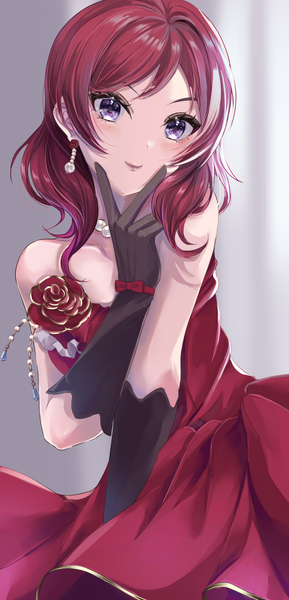 Anime picture 1325x2747 with love live! school idol project sunrise (studio) love live! nishikino maki parika single tall image looking at viewer blush fringe short hair simple background smile standing purple eyes bare shoulders payot red hair multicolored hair grey background