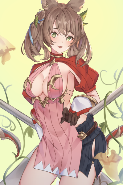 Anime picture 865x1300 with granblue fantasy la coiffe (granblue fantasy) rotmico single long hair tall image looking at viewer breasts open mouth light erotic simple background brown hair large breasts twintails green eyes cleavage :d sideboob cleavage cutout arched back