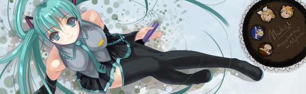 Anime picture 1500x461 with vocaloid hatsune miku miyazaki byou looking at viewer wide image twintails bare shoulders very long hair aqua eyes aqua hair girl skirt detached sleeves miniskirt thigh boots