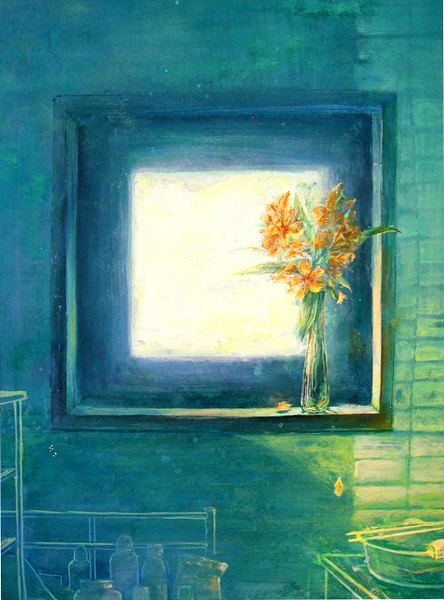Anime picture 1030x1390 with original he (artist) tall image no people green background still life flower (flowers) window bouquet