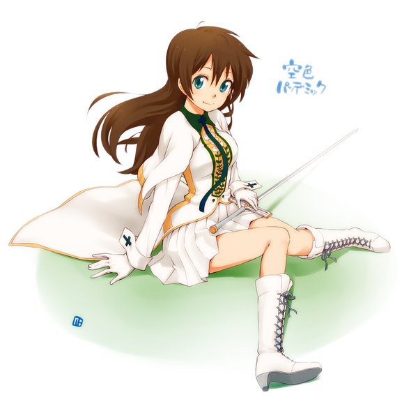 Anime picture 1800x1767 with original nagian single long hair looking at viewer highres smile brown hair sitting signed pleated skirt aqua eyes hieroglyph lacing girl gloves sword thigh boots sleeve cuffs