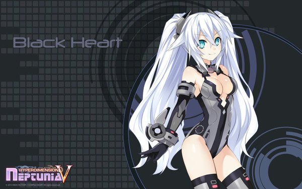 Anime picture 1920x1200 with kami jigen game neptune v black heart single long hair looking at viewer highres breasts blue eyes light erotic wide image twintails cleavage white hair light smile wallpaper girl gloves elbow gloves bodysuit