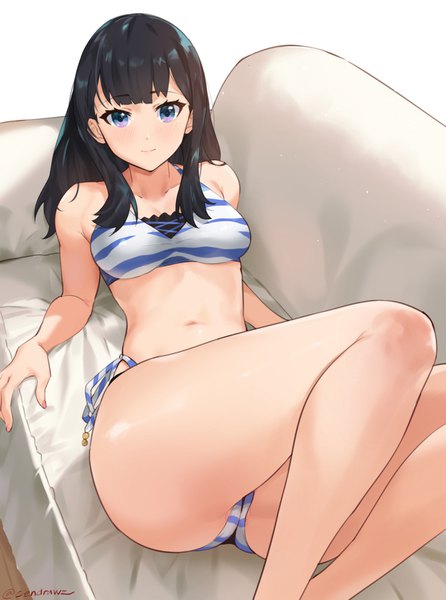 Anime picture 1414x1904 with gridman universe ssss.gridman studio trigger takarada rikka sendrawz single long hair tall image looking at viewer blush fringe breasts blue eyes light erotic black hair simple background white background bare shoulders signed cleavage