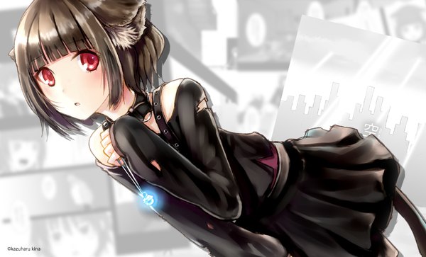 Anime picture 1041x630 with original kazuharu kina single fringe short hair red eyes brown hair wide image signed animal ears looking away tail blunt bangs animal tail cat ears cat girl cat tail dutch angle girl pendant