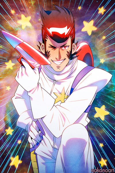 Anime picture 667x1000 with space dandy studio bones dandy (space dandy) nakanoart single tall image looking at viewer short hair smile red eyes brown hair signed one eye closed wink teeth hand on hip scar space star print pompadour