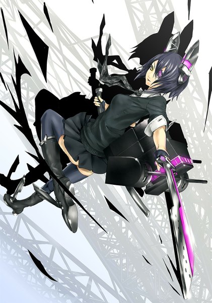 Anime picture 1123x1600 with kantai collection tenryuu light cruiser sau single tall image looking at viewer short hair standing yellow eyes purple hair from above shadow zettai ryouiki girl thighhighs gloves weapon sword fingerless gloves