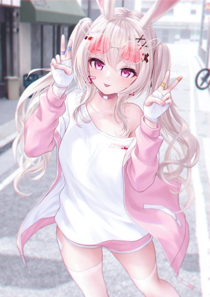 Anime picture 2894x4093 with original bae.c single long hair tall image looking at viewer fringe highres standing twintails animal ears payot outdoors white hair pink eyes blurry arms up open jacket short sleeves bunny ears