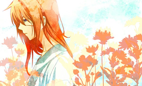 Anime picture 1024x626 with rurouni kenshin himura kenshin mare (artist) single long hair blue eyes wide image red hair japanese clothes profile scar boy flower (flowers)