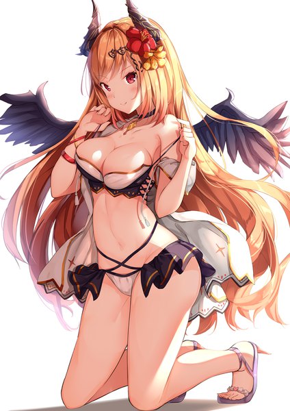 Anime picture 848x1200 with shingeki no bahamut granblue fantasy dark angel olivia shiero. single long hair tall image looking at viewer blush fringe breasts light erotic simple background blonde hair smile red eyes white background cleavage full body hair flower