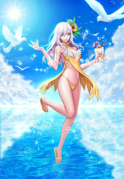 Anime picture 740x1072 with original ryui single long hair tall image looking at viewer blue eyes light erotic smile sky cloud (clouds) white hair hair flower legs leg lift (legs lift) weightlessness girl navel hair ornament underwear