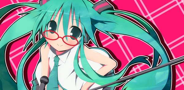 Anime picture 1900x940 with vocaloid hatsune miku nekokan-nekokan (artist) single blush highres smile wide image twintails bare shoulders very long hair aqua eyes aqua hair girl glasses necktie microphone