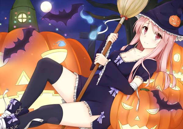 Anime picture 1200x849 with original tsuchikure (3105mitoko) single long hair looking at viewer smile pink hair pink eyes halloween witch girl thighhighs dress black thighhighs animal moon witch hat bat