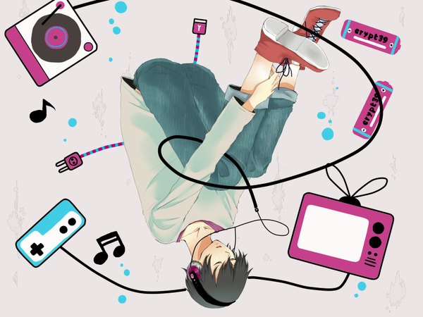 Anime picture 1600x1200 with fukuwa chako futoshi (artist) single short hair black hair eyes closed leg hug boy boots headphones wire (wires) television battery