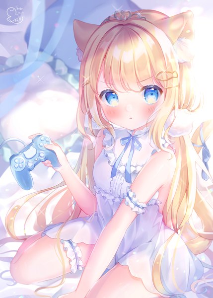 Anime picture 2591x3624 with original omochi monaka single long hair tall image looking at viewer blush fringe highres blue eyes blonde hair twintails bare shoulders holding signed animal ears indoors tail animal tail cat ears