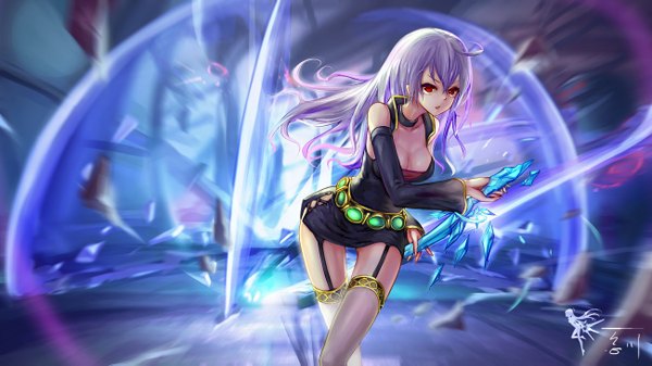 Anime picture 1300x731 with dungeon and fighter wangchuan de quanyan single long hair fringe red eyes wide image purple hair leaning leaning forward magic girl thighhighs detached sleeves white thighhighs garter straps clothes
