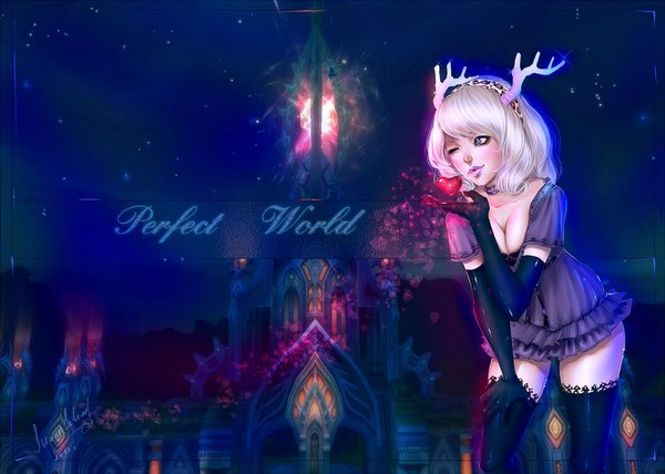 Anime picture 1024x731 with perfect world moonselena (artist) single long hair blue eyes blonde hair standing cleavage one eye closed horn (horns) wink inscription night night sky lipstick dark background kiss girl thighhighs gloves
