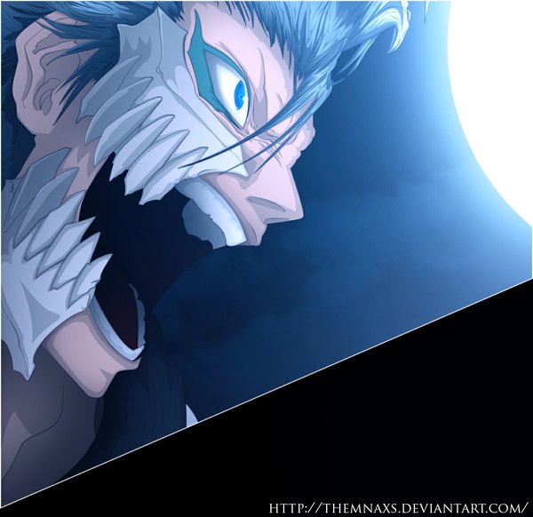 Anime picture 1131x1098 with bleach studio pierrot grimmjow jeagerjaques themnaxs single short hair open mouth blue eyes blue hair night sky coloring close-up face angry espada boy mask full moon