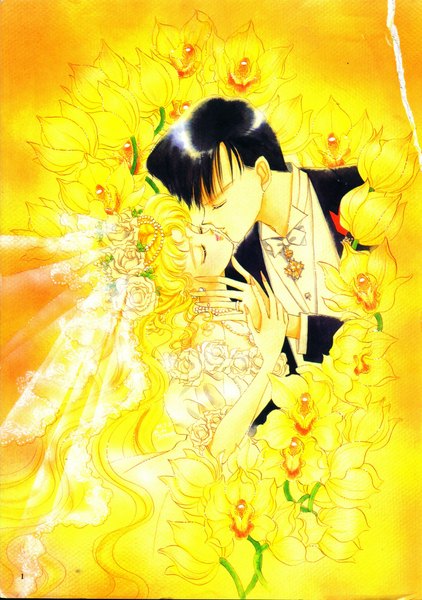 Anime picture 1535x2184 with bishoujo senshi sailor moon toei animation tsukino usagi chiba mamoru tall image simple background eyes closed hair flower couple kiss almost kiss girl dress boy hair ornament flower (flowers) shirt jewelry ring wedding dress