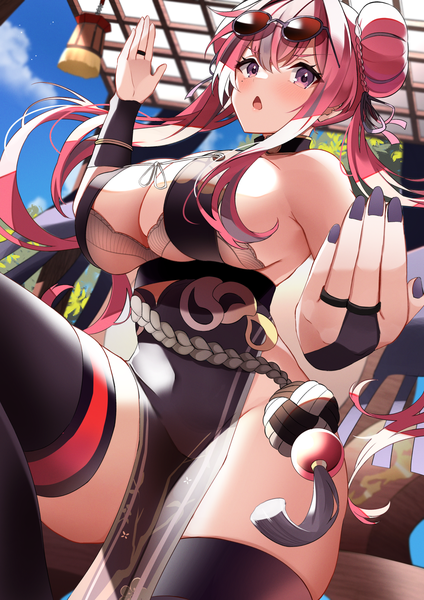 Anime picture 2026x2865 with azur lane bremerton (azur lane) bremerton (kung fu cruiser) (azur lane) yamaha tsui single long hair tall image looking at viewer blush fringe highres breasts open mouth light erotic hair between eyes large breasts purple eyes twintails pink hair sky