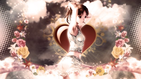 Anime picture 1600x900 with original tagme (artist) single short hair black hair wide image cloud (clouds) black eyes armpit (armpits) girl flower (flowers) shorts heart sweets rose (roses) pocky
