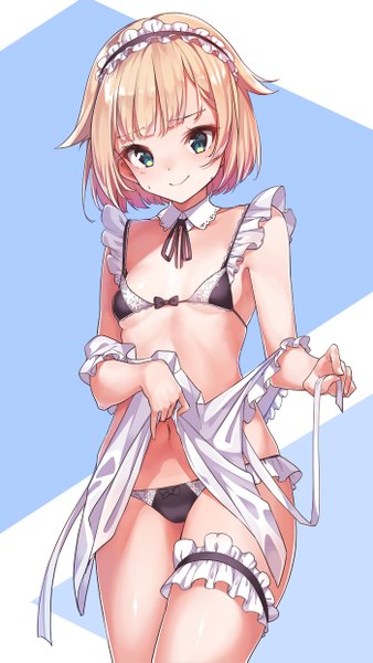 Anime picture 700x1241 with cevio one (cevio) konnyaku (kk-monmon) single tall image looking at viewer blush fringe short hair breasts light erotic simple background blonde hair smile standing bare shoulders holding green eyes maid flat chest