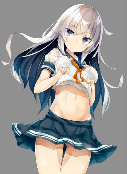 Anime picture 801x1096 with original kavka single long hair tall image fringe light erotic simple background standing purple eyes payot blue hair looking away silver hair pleated skirt multicolored hair grey background two-tone hair midriff thigh gap