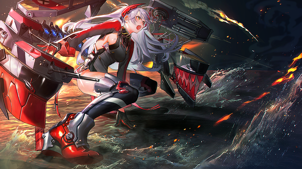 Anime picture 1300x731 with azur lane prinz eugen (azur lane) lal!role single long hair looking at viewer fringe breasts open mouth light erotic wide image large breasts standing yellow eyes looking away silver hair ahoge bent knee (knees) long sleeves mole