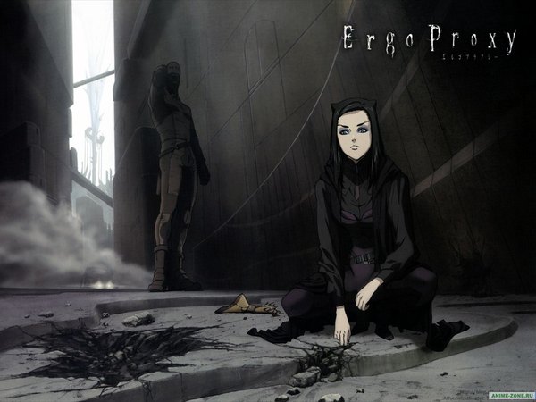 Anime picture 1024x768 with ergo proxy re-l mayer black hair standing sitting smoke pale skin eyeshadow girl mecha android