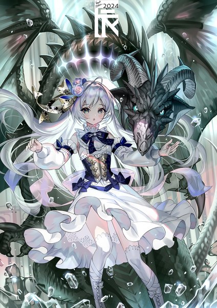 Anime picture 1000x1414 with original midori foo single long hair tall image looking at viewer silver hair ahoge :o new year fantasy silver eyes happy new year 2024 girl thighhighs dress detached sleeves white thighhighs corset