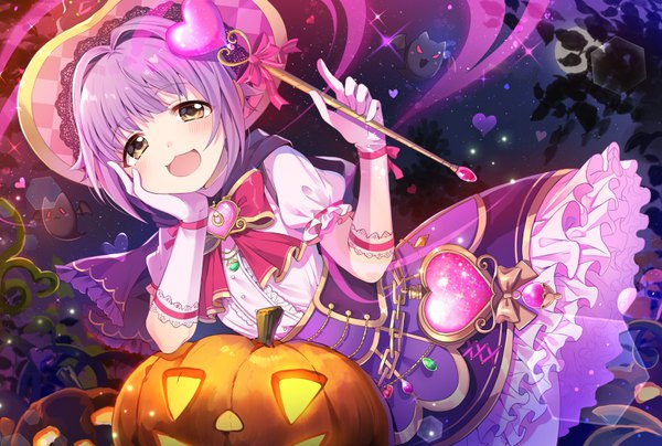 Anime picture 879x593 with idolmaster idolmaster cinderella girls koshimizu sachiko chocho (homelessfox) single looking at viewer blush short hair open mouth brown eyes purple hair night sparkle halloween :3 hand on cheek self-proclaimed magical girl girl gloves hat