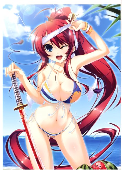 Anime picture 4842x6981 with appare! tenka gomen tokugawa yoshine katagiri hinata long hair tall image highres breasts open mouth light erotic smile large breasts absurdres sky red hair very long hair one eye closed wink scan girl weapon