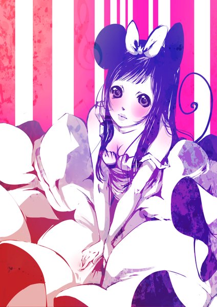 Anime picture 2480x3507 with disney minnie mouse single long hair tall image blush highres black hair purple eyes bare shoulders animal ears blue hair tail monochrome striped striped background girl dress bow hair bow