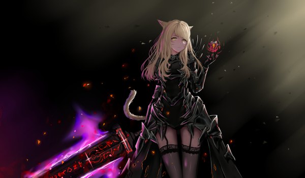 Anime picture 6000x3500 with final fantasy final fantasy xiv square enix miqo'te huijin zhi ling single long hair looking at viewer fringe highres simple background blonde hair wide image standing holding animal ears yellow eyes absurdres tail animal tail