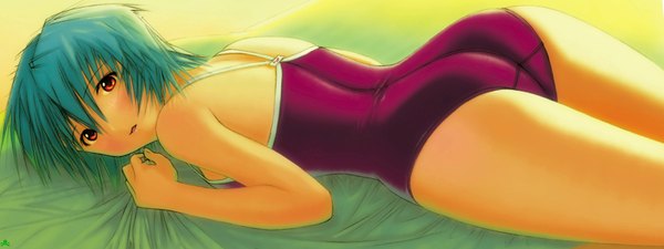 Anime picture 3200x1200 with neon genesis evangelion gainax ayanami rei kobayashi yuji single looking at viewer highres short hair open mouth light erotic red eyes wide image lying aqua hair on stomach girl swimsuit