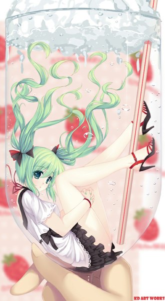 Anime picture 500x907 with vocaloid hatsune miku caidychen single tall image looking at viewer twintails very long hair aqua eyes aqua hair bare legs girl dress water shoes bubble (bubbles)