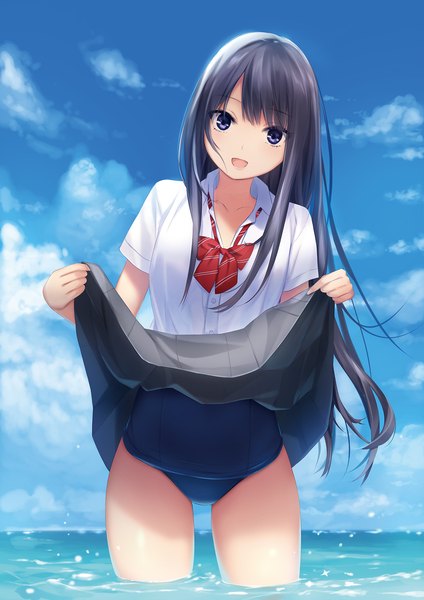 Anime picture 1357x1920 with original shiramine rika coffee-kizoku single long hair tall image looking at viewer blush fringe open mouth light erotic black hair smile standing purple eyes sky cloud (clouds) outdoors :d short sleeves