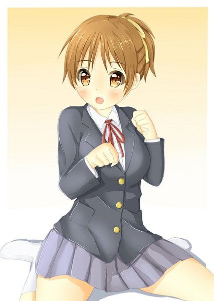 Anime picture 570x800 with k-on! kyoto animation hirasawa yui hirasawa ui tear yu single tall image looking at viewer blush fringe short hair open mouth simple background brown hair sitting brown eyes wariza girl skirt uniform