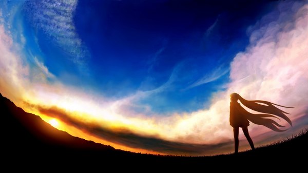 イラスト 1778x1000 と ボーカロイド 初音ミク umeameaki (artist) ソロ 長髪 highres wide image ツインテール 空 cloud (clouds) aqua hair evening sunset landscape scenic silhouette 女の子 太陽