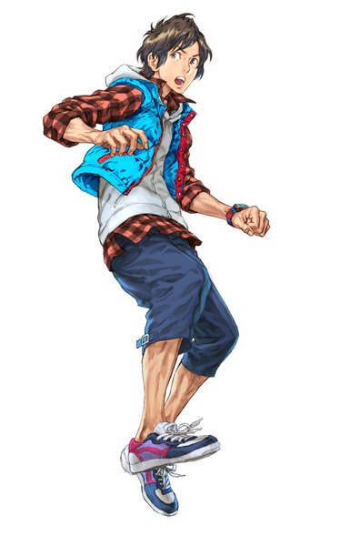 Anime picture 2700x4211 with 999: 9 hours 9 persons 9 doors junpei (999) nishimura kinu single tall image highres short hair open mouth simple background brown hair white background brown eyes looking away open clothes open jacket open collar jumping plaid boy jacket