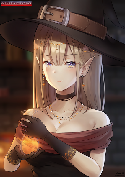 Anime picture 800x1135 with original sunako (veera) single long hair tall image blush breasts blonde hair smile bare shoulders holding cleavage pointy ears grey eyes girl gloves hair ornament hat earrings black gloves