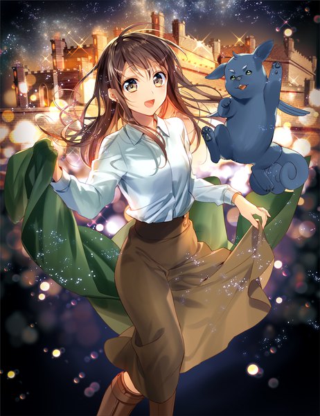Anime picture 1539x2000 with in another world, i'm called: the black healer kanzaki misuzu murakami yuichi single long hair tall image looking at viewer blush open mouth smile brown hair holding brown eyes green eyes ahoge :d night sparkle night sky floating hair