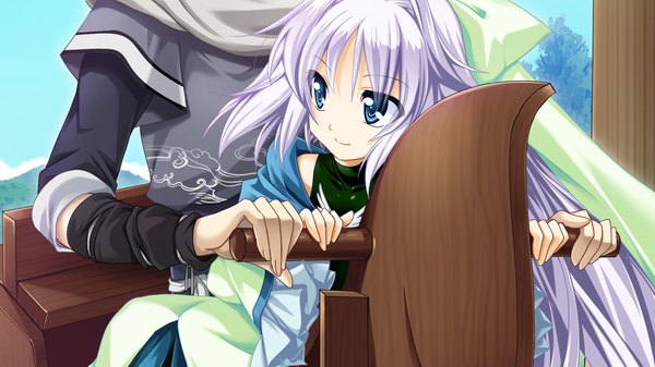 Аниме картинка 1280x720 с sangoku hime unicorn-a длинные волосы голубые глаза широкое изображение game cg белые волосы девушка бант бант для волос